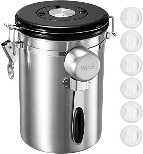 Veken Coffee Canister, Airtight Stainless Steel Kitchen Food Storage Container with Date Tracker and Scoop for Grounds Coffee,Beans, Tea, Flour, Cereal, Sugar, 22OZ, Silver