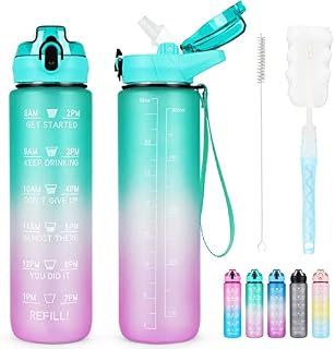 AOHAN Water Bottle with Straw 1L, Sports Drinks Bottle with Time Markings BPA Free Non-Toxic PCTG Plastic Leakproof Drinking Bottle Motivational Water Bottles With Cleaning Brush for Outdoor Sports