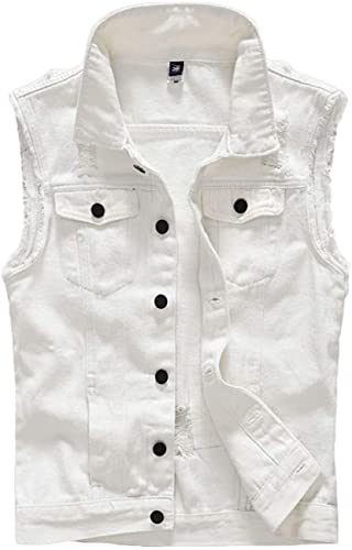 Image of Lazutom Men's Sleeveless Denim Vest Casual Slim Fit Ripped Classic Button Down Jean Jacket