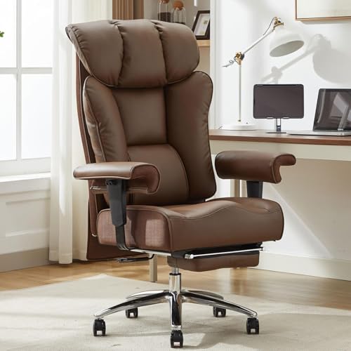 Image of Efomao Ergonomic Office Chair 450LBS with Foot Rest, High Back PU Leather Executive Office Chair with Adjustable Armrests, Lumbar Support for Home or Work, Computer Chair, Brown