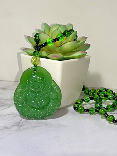 Laughing Buddha Green Jade Stabilized Turquoise Pendant 30"Black White Bead Necklace Carved Long Large Boho Chain Genuine Certified Grade A Jadeite Hand Crafted, Jade Medallion2