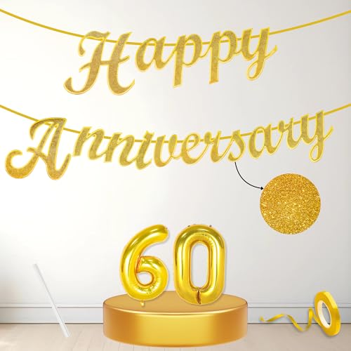 Image of Flyloons 60th Happy Anniversary Banner Gold Decorations Kit for Men Women Wedding Anniversary Banner Items without Balloons Diamond Jubilee