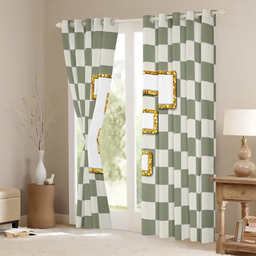 Image of Erosebridal Sage Green Checkered Window Drapes Plaid Initial F Blackout Curtains 38 inch Wx45 L Personalized Monogram Curtains for Bedroom Living Room,Grids Gingham Window Treatments 2 Panels
