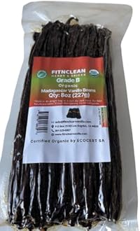 FITNCLEAN HERBS AND SPICES Organic Madagascar Vanilla Beans Grade B for Extract. Certified USDA Organic. 8oz