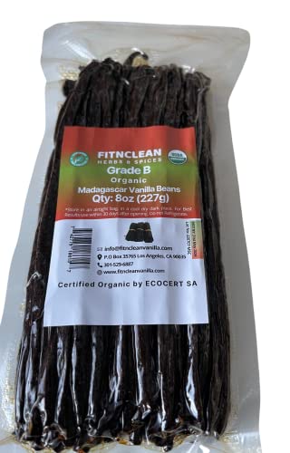 FITNCLEAN HERBS AND SPICES Organic Madagascar Vanilla Beans Grade B for Extract. Certified USDA Organic. 8oz