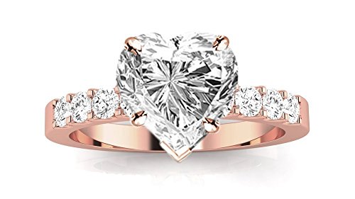 1 Carat 14K White Gold Classic Prong Set Round Heart Shape Diamond Engagement Ring (0.5 Ct D Color I1 Clarity Center Stone)