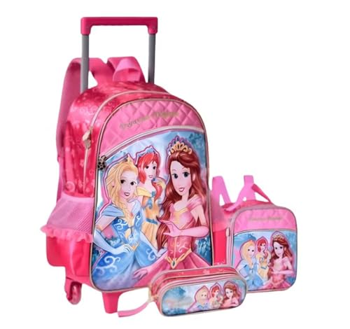 Kit Mochila Rodinha Infantil Feminino Grande Princesas Menina C/Alça Lancheira Estojo Top