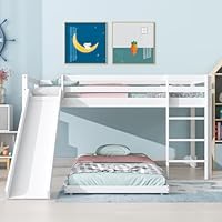 Merax Wooden Bunk Beds for Kids with Slide, Stairs and Guard Rail, Space-Saving Single Bed with Slatted Frame, Adjustable Lower Frame, White, 90x190 cm + 90x200 cm(No Mattress)