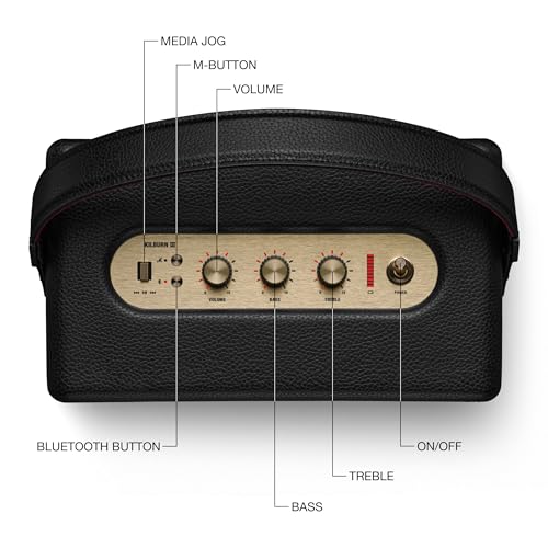 Image of Marshall Kilburn III Portable Bluetooth Speaker with 50+ Hours of Portable Playtime, (360 Sound), Dust & Water-Resistant (IP54) - Black & Brass. | Loud Stereo Sound with Bass and Treble Controls | 50+ Hr Playtime I Designed for Indoors and Outdoors | 3.5 mm Aux Input