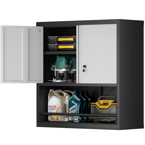 STEELIST Locking Cabinet, Black Wall Storage Cabinet with Shelves, Hanging Cabinets with Open Storage, Small Wall Cabinet, Lockable Tool Cabinet for Basement, School, Office