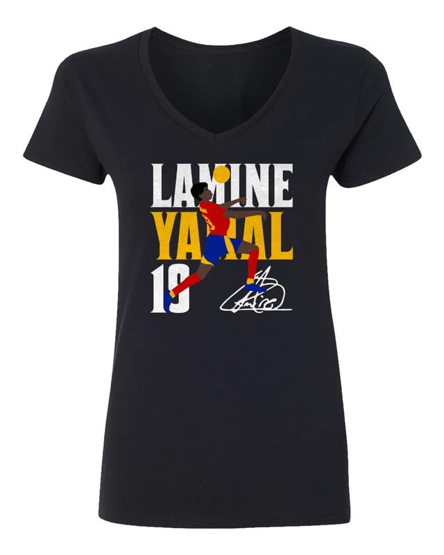 GamesDur Spain Soccer Star Tribute 19 Yamal Ladies' V-Neck Tshirt (Black, XX-Large)