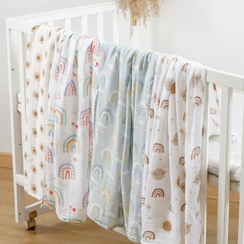 Image of 4 Set Muslin Swaddle Blankets Receiving Blanket for Newborn Baby | Boys, Girls Cute Soft Print Baby Towel Wrap 120x110cm Baby