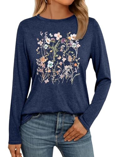 Women Flower Graphic Long Sleeve T Shirt Boho Floral Shirt Vintage Botanical Tee Wildflower Lover Tops
