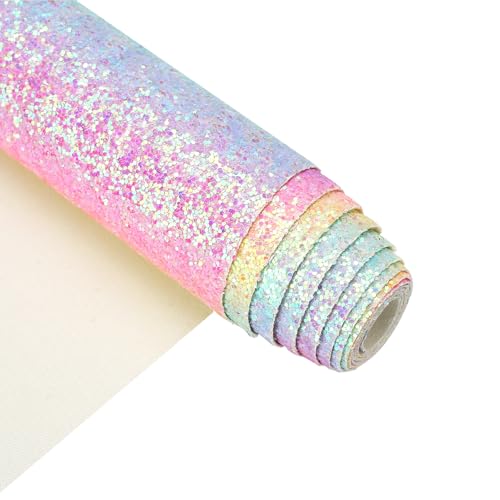 Image of Pastel Rainbow Chunky Glitter Faux Leather Roll 12 x 52 inch Shiny Iridescent PU Fabric for DIY Fuse Beads Iron-On Crafts, Bows, Earrings (18001#2)