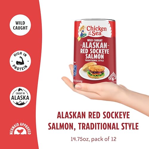 Image of Chicken of the Sea Traditional Style Alaskan Red Sockeye Canned Salmon, 14.75 Ounce Cans, 12-Count - High Protein Lean Wild Caught Salmon - Delicious Wild Salmon Sockeye for Burgers, Pasta, & More