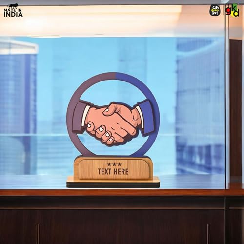 Image of GKD Personalized Wooden Handshake Memento Trophy | Partnership Award for Corporate Gifts, Dealer Meets & Business Achievements | Custom Name & Text | Office Desk Decor (Personalized)
