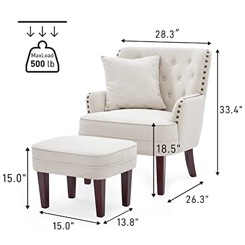 Huimo Accent Chair With Ottoman, Club Chair And Ottoman Set With Wooden Legs, Upholstered Armchair, Comfort Reading Chair For Living Room, Bedroom (Beige) #TOP1