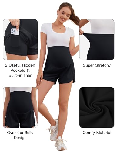 Image of PACBREEZE Women's Maternity Shorts Over Belly Quick Dry Workout Athletic Running Shorts with Zipper Pockets