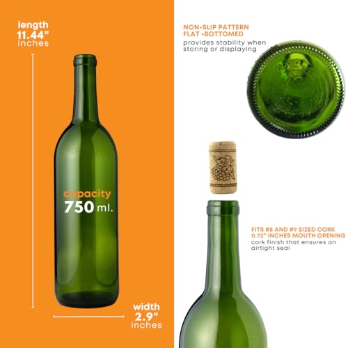 FastRack W5 750ml Green Wine Bottles (Pack of 12), Empty Bordeaux Liquor Bottles for Drinks, 12 per Case - NO CORKS INCLUDED