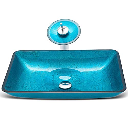 Lavandino da appoggio per Bagno, lavabo da appoggio in Vetro temperato Fatto a Mano, lavabo da appoggio con Set di Scarico a Scomparsa, Blu, C