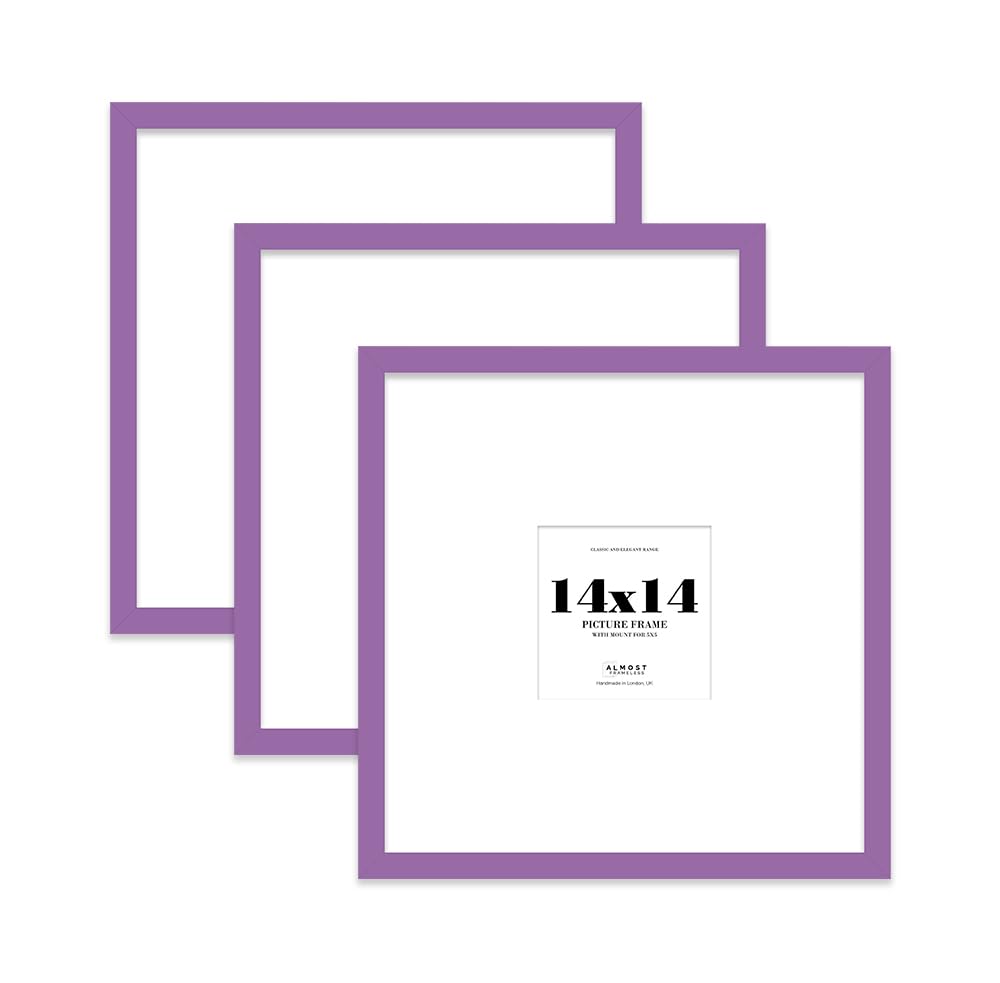 14x14 Purple Picture Frame with Large Mount for 5x5 Photos, Prints - Modern Square Wall Frame, Set of 3