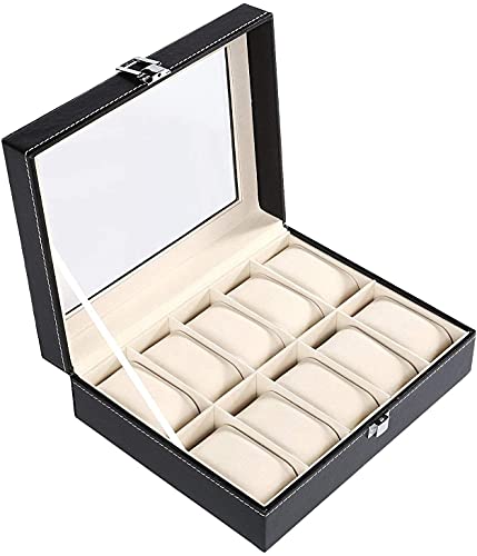Uhrenbox 10 hren,uhrenaufbewahrung box mit Glasdeckel,Uhrenkoffer mit herausnehmbaren Uhrenkissen,uhrenboxen für Herren,Uhrenschatulle Bezug in Schwarz, graues Samtfutter,watch box Geschenk (black) Cover