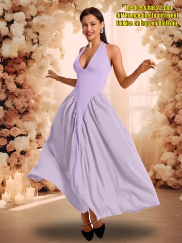 Image of ChiaoLezhee Deep V Neck Dress, Halter Maxi Dresses, Vacation Date Night, Sexy for Women Corset Flowy Wedding Guest Drop Waist