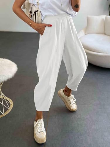 Cicy Bell Women's Summer High Waisted Baggy Pants Casual Cotton Harem Capris Slacks with Pockets White — view 4