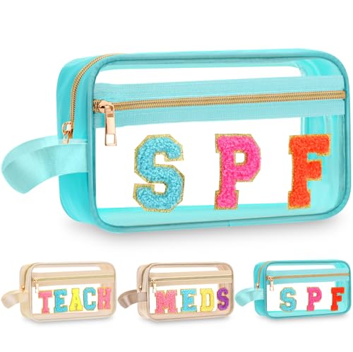 Pinkunn Chenille Letter Bag Clear Makeup Pouch Cute Preppy Letter Patch Cosmetic Bag with Zipper Nylon Waterproof Portable Travel Purse Toiletry Organizer for Appreciation Gift(Teal,Spf)