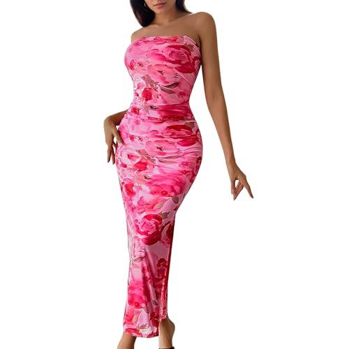 Image of Women's Tube Top Maxi Dresses Printed Tie Dye Strapless Bodycon Long Dress Split Side Sleeveless Party Elegant Outfits