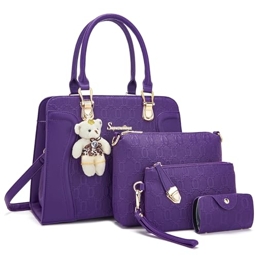 Image of Women's Fashion Handbag Tote Bag Shoulder Top Handle Satchel Purse Set 4pcs | Stylish Style,Chain Texture Design,Ample Space,Bear Doll Decoration,with a Crossbody Strap