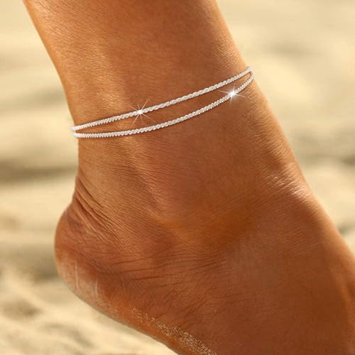 Image of Ritach Ankle Bracelets for Women - Silver /Gold Plated Stainless Steel Anklets for Women Waterproof Layered Cuban Link Figaro Chain Heart Anklets Set Summer Beach Jewelry Gifts