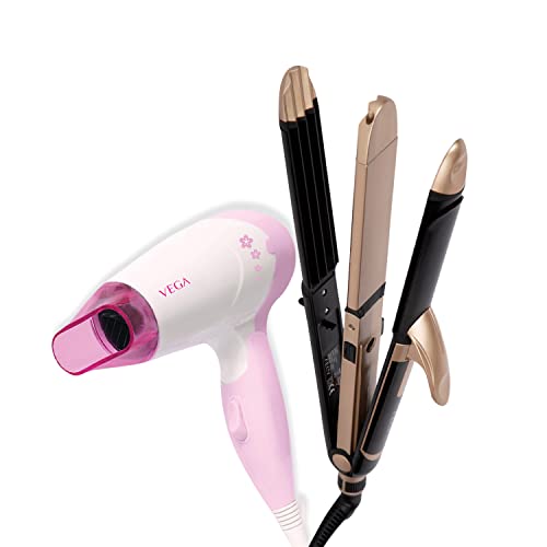 Image of VEGA 3 in 1 Hair Styler & Insta Glam Foldable 1000 Watts Hair Dryer Combo Pack, Black