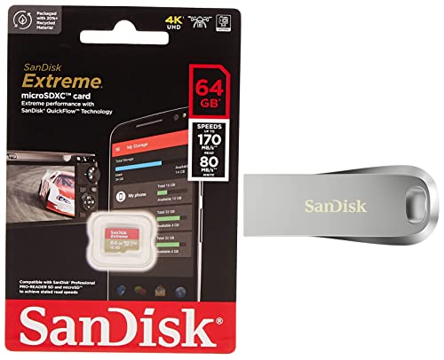 Image of SanDisk Extreme microSD UHS I Card 64GB for 4K Video on Smartphones,Action Cams 170MB /s Read,80MB /s Write & Ultra Luxe USB 3.1 Flash Drive 32GB, Upto 150MB /s, All Metal, Metallic Silver