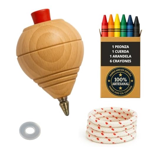 Toupie en bois pour enfants Pack 1 Trompo + 6 cires de couleurs + 1 rondelle | Fabriqué à la main en Espagne avec pointe stylo