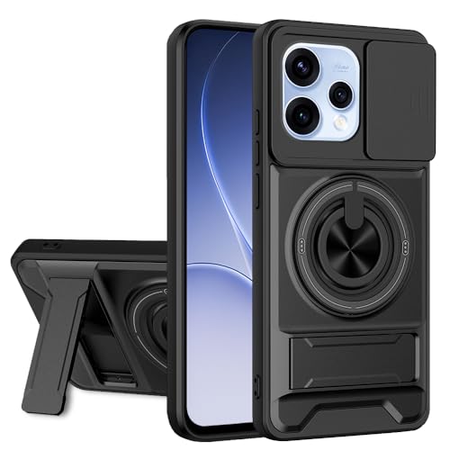 Image of AESTMO Oppo Reno 15 5G Back Cover | Armor Camera Slider 360 Degree Rotating Finger Ring Holder Case with Bracket Stand Back Case Cover for Oppo Reno 15 5G (Compatible with MagSafe Accessories) (Black)
