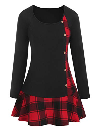 ROSEGAL Women's Plus Size Raglan Sleeve Lace Up Plaid Tunic Shirt Blouse (Q-2-Black 1, L)