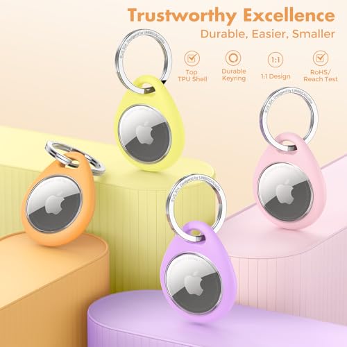 Image of UNBREAKcable Holder for Apple AirTag with 304 Stainless Steel Keychain Key Ring - 4 Pack [Fit Tightly Design] [Easy to Install] [Hold Air Tag Securely] Waterproof TPU Shell Protective Case, 4 Color