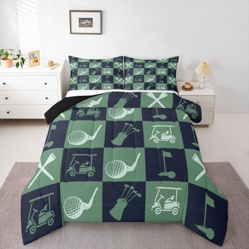 Image of Feelyou Golf Comforter Set Queen Size Navy Blue Green Plaid Buffalo Check Geometric Bedding Set for Kids Boys Girls Sports Theme Duvet Quilt Bedroom Decor Microfiber 3 Pcs with 2 Pillow Cases