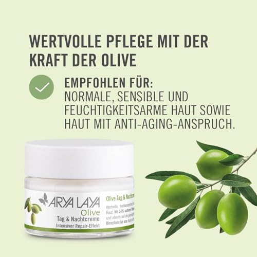 ARYA LAYA Olive Tag & Nachtpflege, 50 ml – Gesichtscreme mit intensivem Repair-Effekt, zur Belebung müder Haut, wirkt Verlust von Glätte & Spannkraft entgegen, Radikalfänger, vegan