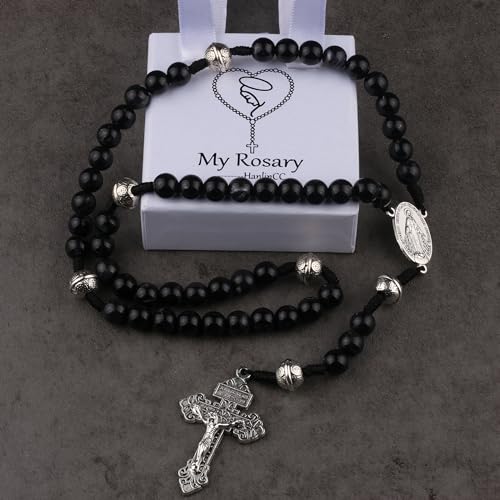 HanlinCC 10mm Beads Catholic Rosary Necklace with Miraculous Center piece and Pardon Crucifix with Gift Box for Men and Women2