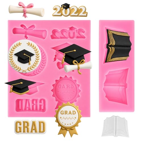 Graduation Chocolate Molds 2Pcs Silicone Graduation Molds for Chocolate Grad Cap Diploma Fondant Mold Candy Baking Moulds for Handmade Cake Cupcake Ice Cube Jello Soap Grad Party Decorations Pink