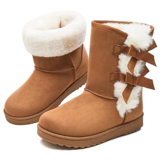 Eydram Botas femininas de inverno forradas com pele modernas botas de cano médio para mulheres botas felpudas confortáveis pretas botas de neve femininas com laço, Castanho, 37