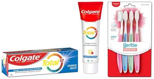 Image of Colgate Total Advanced 120g Health Cavity Protection Toothpaste & Colgate Sensitive Soft Bristles Manual Toothbrush for adults - 4 Pcs, Multicolor
