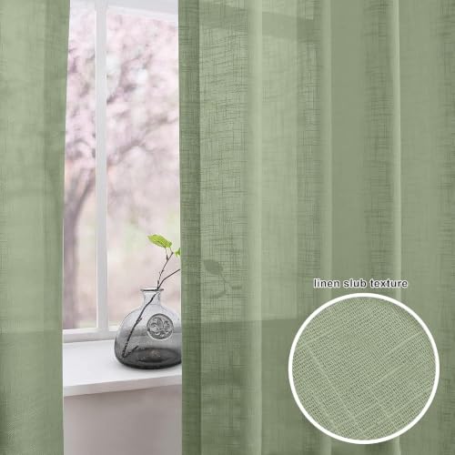 Image of THE LINEN COMPANY Cotton Linen Sheer Window Curtain with Twist Tab, Light Filtering Linen Textured Curtain for Living Room, Bedroom & Office, 2 Piece, Avocado Green, 4 FT x 4.5 FT