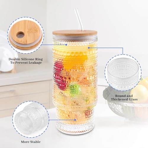 Image of KHOLAD Vintage Drinking Glasses Tumbler Set Of 1 With Bamboo Lids And Straws, Clear Fluted Textured Old Fashion Embossed Glass Sipper Iced Coffee Cups For Beer, Cocktail, Beverage (Embosse), 400Ml