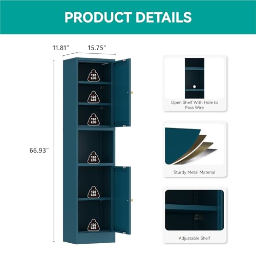 Image of 67 inch Tall Narrow Storage Cabinet with Doors and Open Shelf,Metal Pantry Cabinet,Shaker Style Slim Cabinet with Adjustable Shelves,for Bathroom Kitchen Laundry Small Spaces,Blue, 1Pc