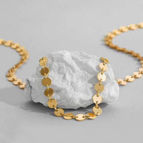 Dremmy Studios Dainty Gold Choker Necklace for Women 14K Gold Plated Coin Disc Figaro Layered Beaded Flat Mariner Sideways Cross Wishbone Link Clavicle Necklaces2