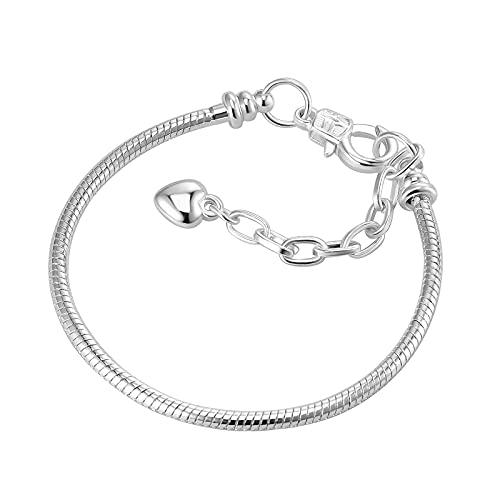 Qeensekc 3Mm Snake Chain Charm Bracelets Silver Plated With Heart Lobster Clasp Figaro Extender Chain Fits Pandora All Chamilia Troll Biagi Bead 19Cm #TOP1