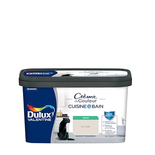 Dulux Valentine - Pintura para interiores (2 L), color crema de color y cocina y baño – Piezas húmedas para paredes y carpintería, resistente a las manchas y a la humedad, satén de lino claro Dulux Valentine - Pintura para interiores (2 L), color crema de color y cocina y baño – Piezas húmedas para paredes y carpintería, resistente a las manchas y a la humedad, satén de lino claro